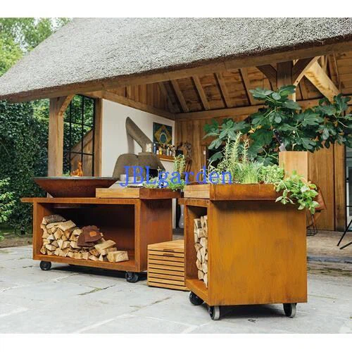 Garden Wood Burning Corten Bbq Grill Table
